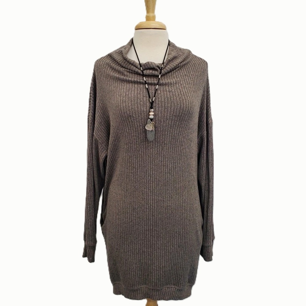 Womens M Brown Ribbed Cowl Neck Long Sleeve Knit Sweater Dress Cozy Casual‎
